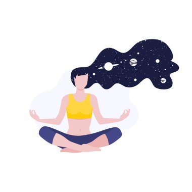 Meditasyon yapan kız ya da kadının uzun saçlı, kozmoslu ve gezegenli yoga kursunun temsilcisi. Zihinsel sağlık meditasyonu, sakinlik ve iç huzur. Ev aktivitesi, sağlıklı yaşam tarzı.. 