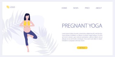 Yoga stüdyosunun ya da online sınıfın vektör sitesi tasarımı. Hamile yoga konsepti. Hamilelikte sağlık ve sağlıklı yaşam tarzı. Bebek bekleyen bir kadın yoga egzersizleri yapıyor. İniş sayfası illüstrasyonu