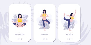 Yoga severler için seyyar vektör sitesi ya da mobil uygulama ekranlarında. Yoga asana bebek bekleyen bir kadın için poz veriyor. Sağlıklı hamilelik kavramı. Hamile kadın yoga egzersizleri yapıyor ve yoga pozları veriyor.