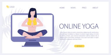 Yoga stüdyosunun ya da online sınıfın vektör sitesi tasarımı. Yoga fitness konsepti. Evdeki sağlık ve sağlıklı yaşam tarzı. Yoga egzersizi yapan kadın ya da kız. İniş sayfası illüstrasyonu