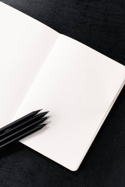 Siyah arka planda beyaz kağıt ve siyah kalemlerle açılan kitap sayfası