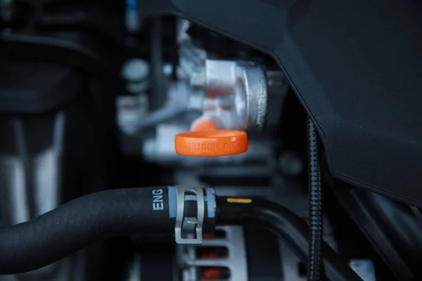 Close up image of car's orange dipstick.