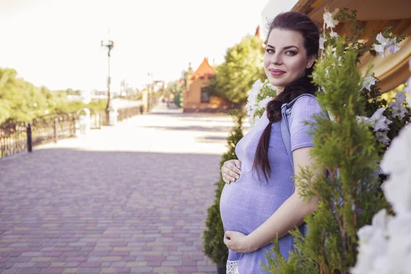 Belle brune caucasienne enceinte femme en été marcher outdo — Photo