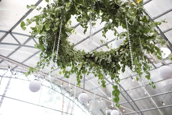 Fresh nature herb bouquet composition on a ceiling with a glass