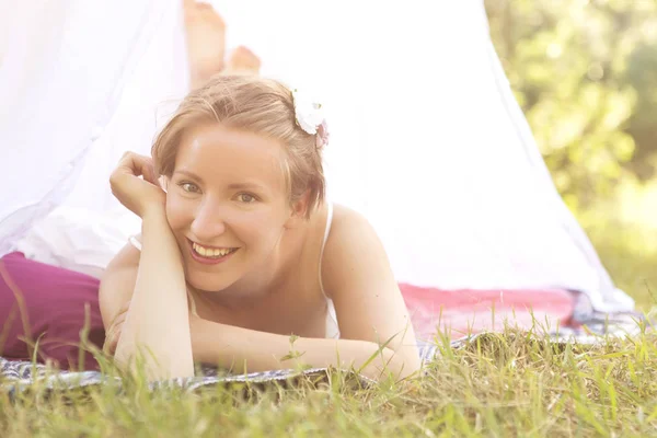 Cute happy caucasian woman with short haircut in white dress in — Stock Photo, Image