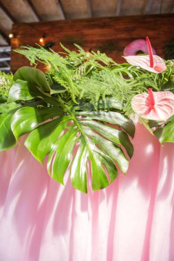 Tablolar, pl ile arka bahçesinde üzerinde bir düğün töreni için dekorasyon