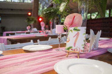 Tablolar, pl ile arka bahçesinde üzerinde bir düğün töreni için dekorasyon