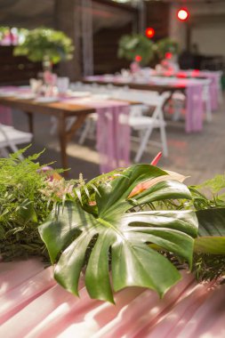 Tablolar, pl ile arka bahçesinde üzerinde bir düğün töreni için dekorasyon