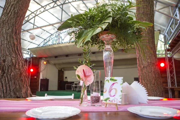 Tablolar, pl ile arka bahçesinde üzerinde bir düğün töreni için dekorasyon