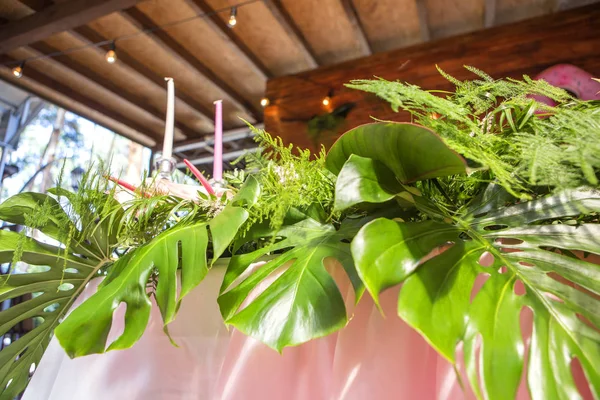 Tablolar, pl ile arka bahçesinde üzerinde bir düğün töreni için dekorasyon