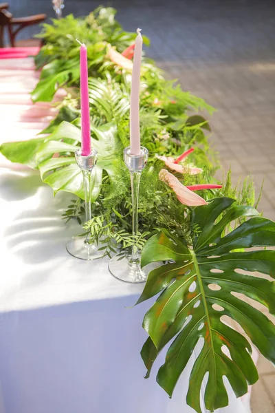 Tablolar, pl ile arka bahçesinde üzerinde bir düğün töreni için dekorasyon