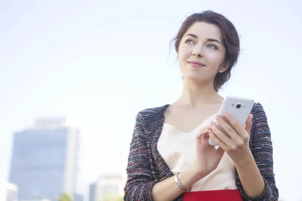 Young Brunette Caucasian Woman European City Walking Working Her Devices — Stock Photo, Image