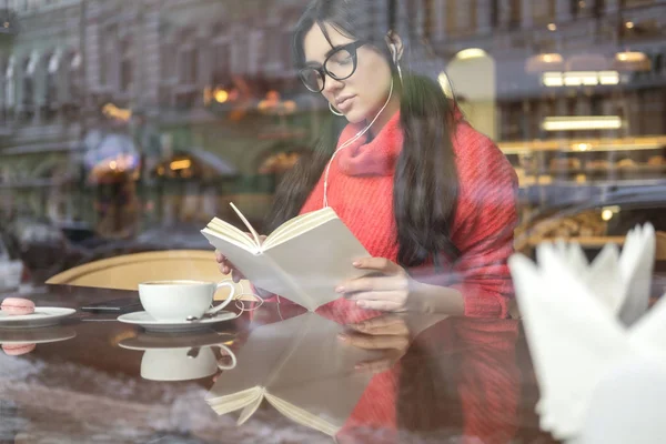 Cute Brunette Size Woman Working Distance Freelance Sitting Cafe Drinking — Stock Photo, Image