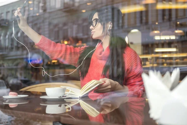 Cute Brunette Size Woman Working Distance Freelance Sitting Cafe Drinking — Stock Photo, Image