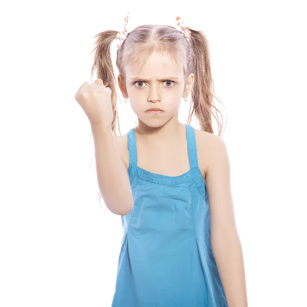 Young Seven Years Old Brunette Girl Blue Dress White Isolated — Stock Photo, Image