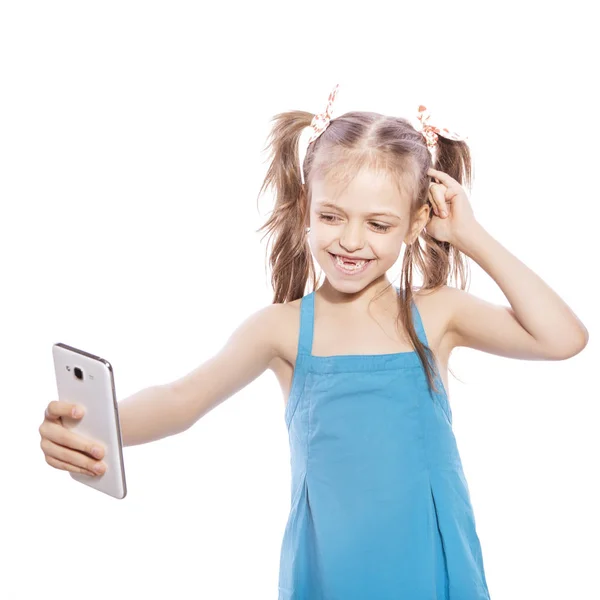 Young Seven Years Old Brunette Girl Blue Dress White Isolated Stock Picture