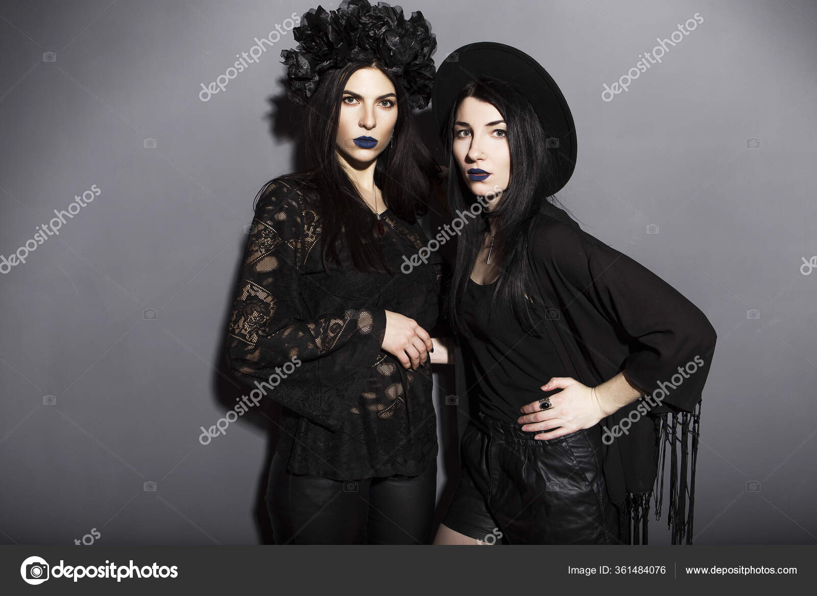 Gothic Caucasian Women Dark Dresses Grey Neutral Background Contrast ...