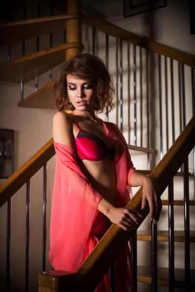 Brunette Woman Curly Hairstyle Standing Staircase Red Underwear — Stock Photo, Image