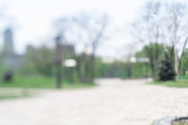 Park yolunda bulanık bir manzara. Güneşli yaz gününde Bokeh 'in arka planda odaklanmamış görüntüsü. Metin için boşluk