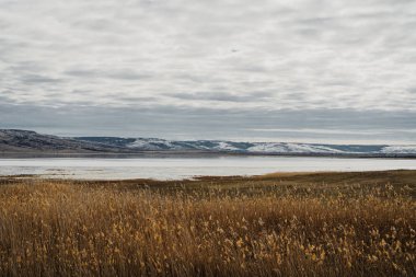 sazlar, göl ve karlı yamaçlar