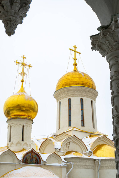 church and stobes covered with a pattern in Sergiev Posad Monastery