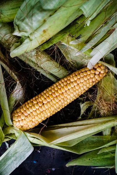 Frischer Gelber Mais Grüner Schale Liegt Auf Einem Tisch — Stockfoto