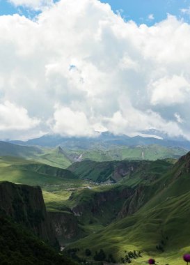 bulutlu bir yaz gününde dağ yamaçlarının yeşil manzarası