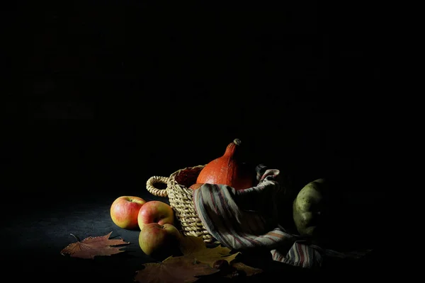 Autumn Still Life Dark Key Pumpkin Apples — Stock Photo, Image