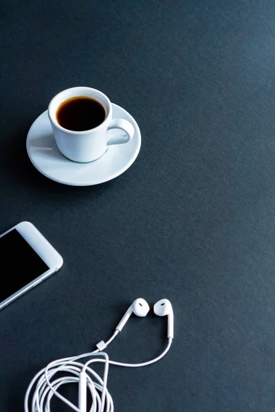 Mobile Phone Coffee Mug Headphones Laptop Table Black Background — Stock Photo, Image