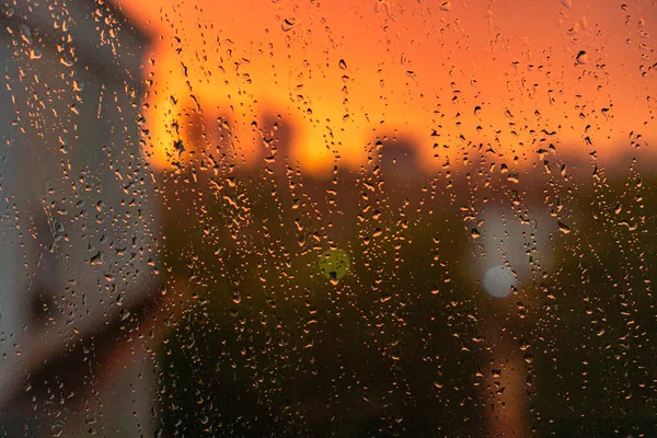 Gotas Lluvia Sobre Vidrio Atardecer — Foto de Stock