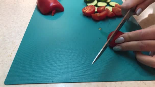 切新鲜的红色番茄 女厨师把蔬菜切碎 中午做美味的新鲜沙拉 厨师用刀切蔬菜 切菜板上的新鲜西红柿 — 图库视频影像