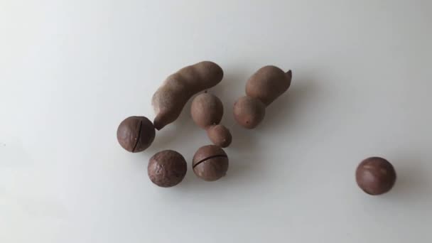 Орехи макадамии и спелые плоды тамаринда, разбросанные по столу. Медленное движение . — стоковое видео