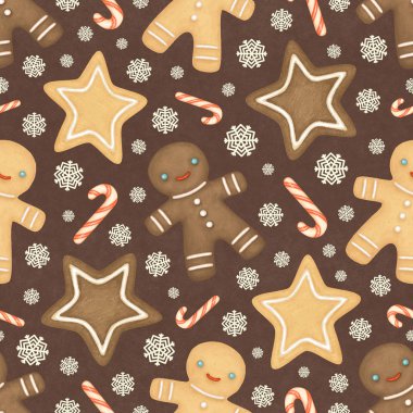 Zencefilli kurabiyelerin olduğu kusursuz bir Noel deseni. Zencefilli çörekler, baston şekerler ve kahverengi arka planda kar taneleri.