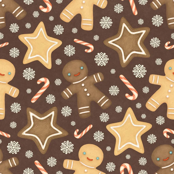 Christmas seamless pattern with gingerbread men. Gingerbread men, candy canes, and snowflakes on a brown background