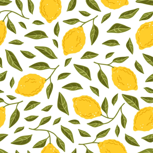 Patrón Sin Costuras Con Limones Amarillos Frutas Maduras Hojas Limón — Vector de stock