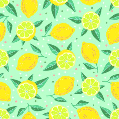 Olgun sarı meyveler ve limon yaprakları. Turunçgil desenli kusursuz. Vektör illüstrasyonu