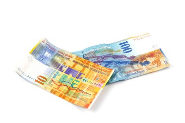 Beyaz arka planda izole edilmiş İsviçre Frangı banknotları, 10 ve Hunderd