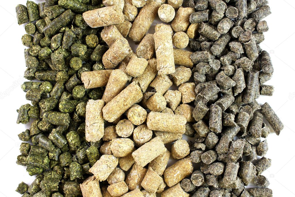 Compoud feed form animals or livestock in three rows. Different types of granules for feeding isolated on white background.