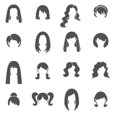 Kadın saç modeli siyah beyaz Icons Set 