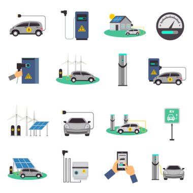 Elektrikli otomobil düz Icons Set şarj