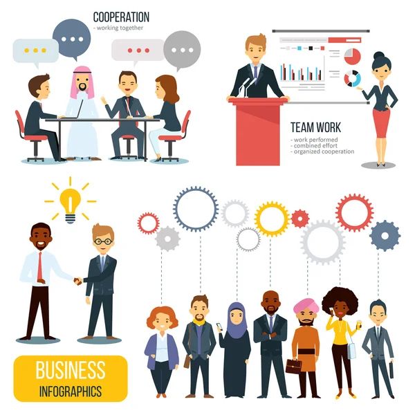 Conjunto de infografías empresariales de trabajo en equipo y asociación — Vector de stock