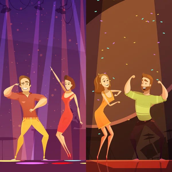 Disco noite dançando pares Cartaz dos desenhos animados —  Vetores de Stock