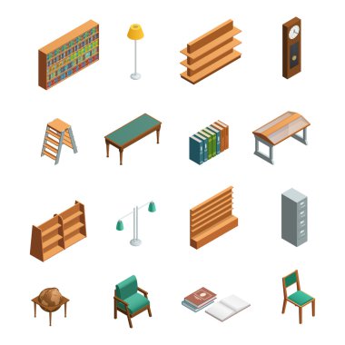 Kitapçı Kütüphane izometrik iç öğeleri