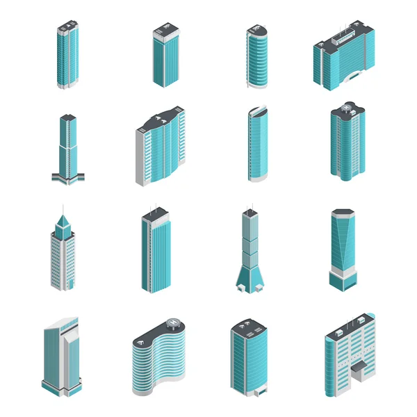 Conjunto isométrico de edificios modernos — Vector de stock