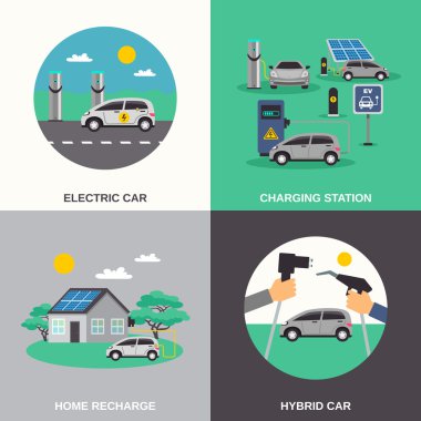 Elektrikli otomobil 4 düz simgeler Meydanı 