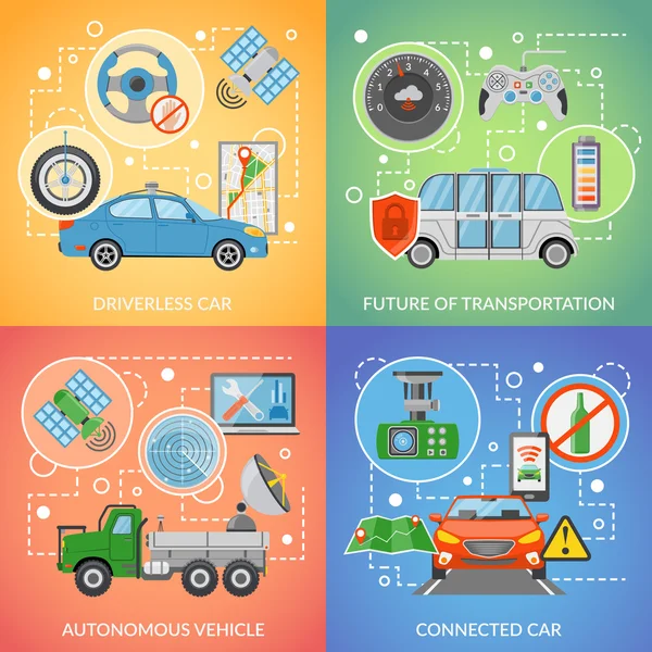 Véhicule autonome de voiture sans conducteur 2x2 icônes ensemble — Image vectorielle