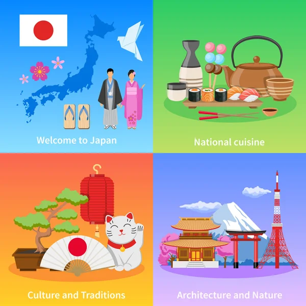 Japan kultur 4 platt ikoner Square — Stock vektor