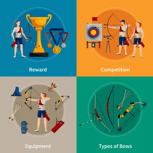 Ensemble d'icônes plat 2x2 de tir à l'arc — Image vectorielle