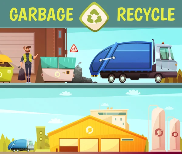 Σκουπίδια, ανακύκλωση εταιρεία 2 κινουμένων σχεδίων Banners — Διανυσματικό Αρχείο
