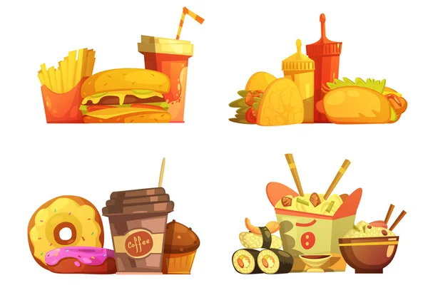 Fast Food Meal Retro Cartoon Set